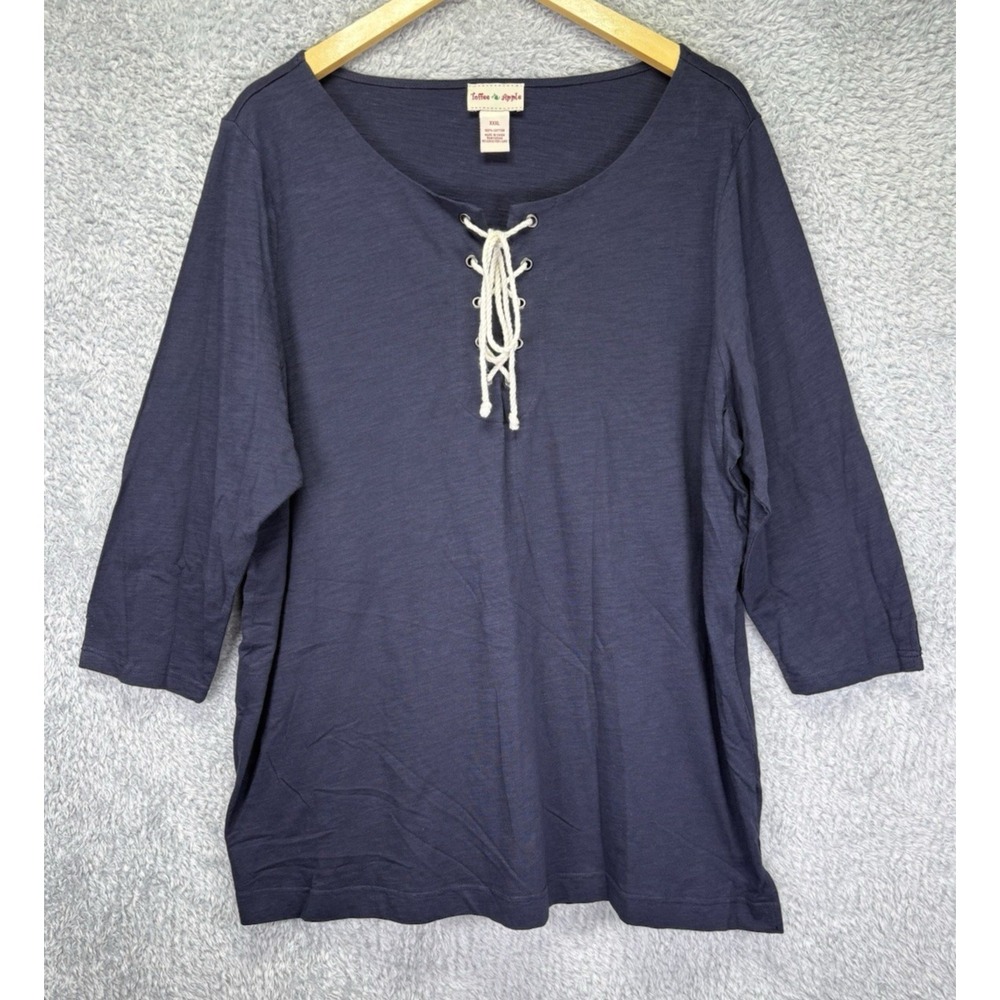 Toffee & Apple Women's 3X Navy Lace-Up Neck Top 100% Cotton Coastal Casual